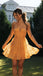 Elegant Orange Halter Tulle Ruffle V Neck A-Line Short Homecoming Dresses, QB0403