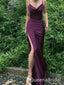 Elegant Dark Purple Spaghetti Straps V Neck Side Slit Mermaid Sleeveless Cheap Simple Evening Prom Dresses,WGP529