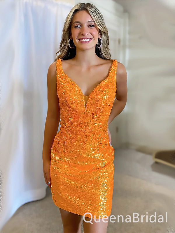 Sparkly Orange Sequin V Neck Spaghetti Straps Sheath Simple Cheap Short Homecoming Dresses, QB0446