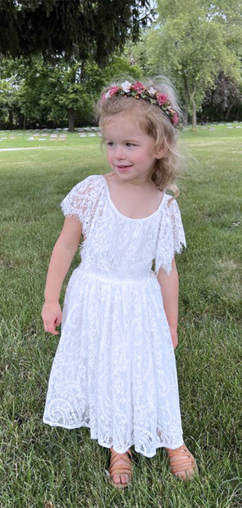 Cute White Lace Appliques A- Line Cheap Long Flower Girl Dresses, FGS0027