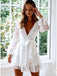 Elegant White V Neck Long Sleeves Ruffles Simple Cheap Short Homecoming Dresses,QB0396