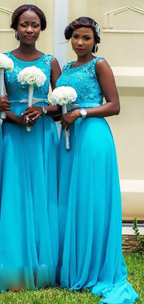 Elegant Blue Lace Appliques Chiffon Simple Cheap A-Line Long Bridesmaid Dresses, BDS0228