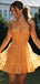 Elegant Orange Halter Tulle Ruffle V Neck A-Line Short Homecoming Dresses, QB0403