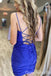 Royal Blue Spaghetti Straps Lace Up Back Beaded Tight Graduation Party Short Homecoming Dresses ,QB0735