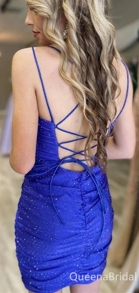 Royal Blue Spaghetti Straps Lace Up Back Beaded Tight Graduation Party Short Homecoming Dresses ,QB0735