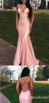 Sexy Light Pink Mermaid Spaghetti Straps Plunging Lace Up Back Evening Gown Maxi Long Formal Dresses Prom Dresses ,WGP875