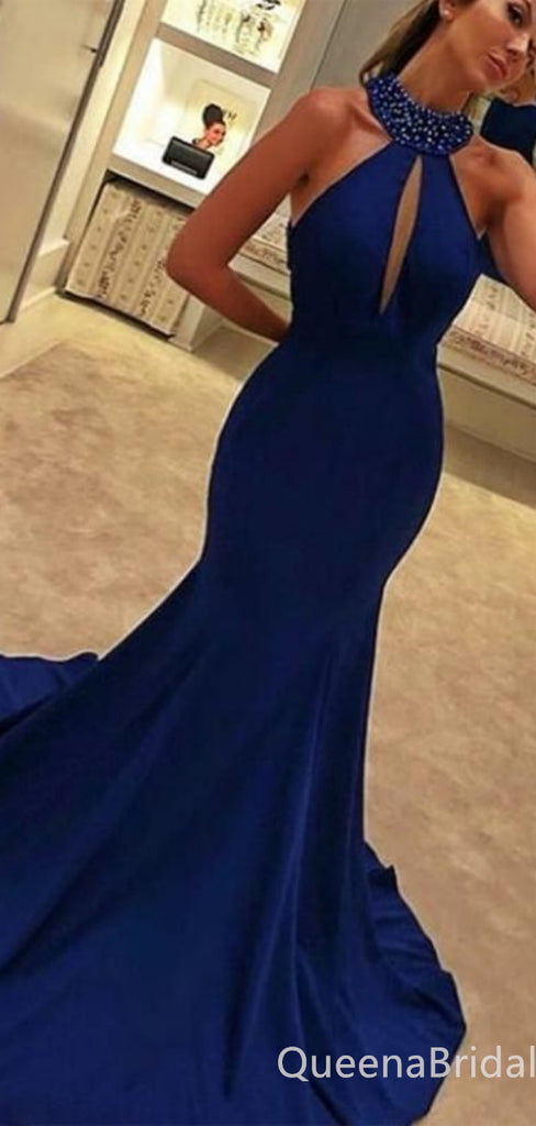 Sexy Dark Blue Halter Beaded Mermaid Evening Gown Maxi Long Formal Dresses Prom Dresses,WGP891