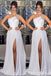 Gorgeous White Beaded One Shoulder Side Slit A-line Long Party Dress Prom Dresses ,WGP1837