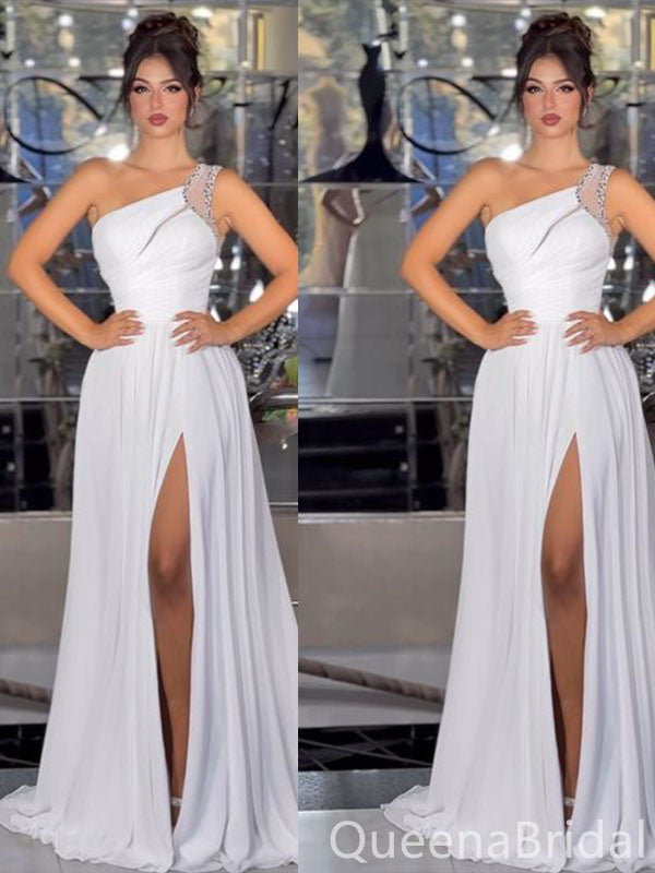 Gorgeous White Beaded One Shoulder Side Slit A-line Long Party Dress Prom Dresses ,WGP1837