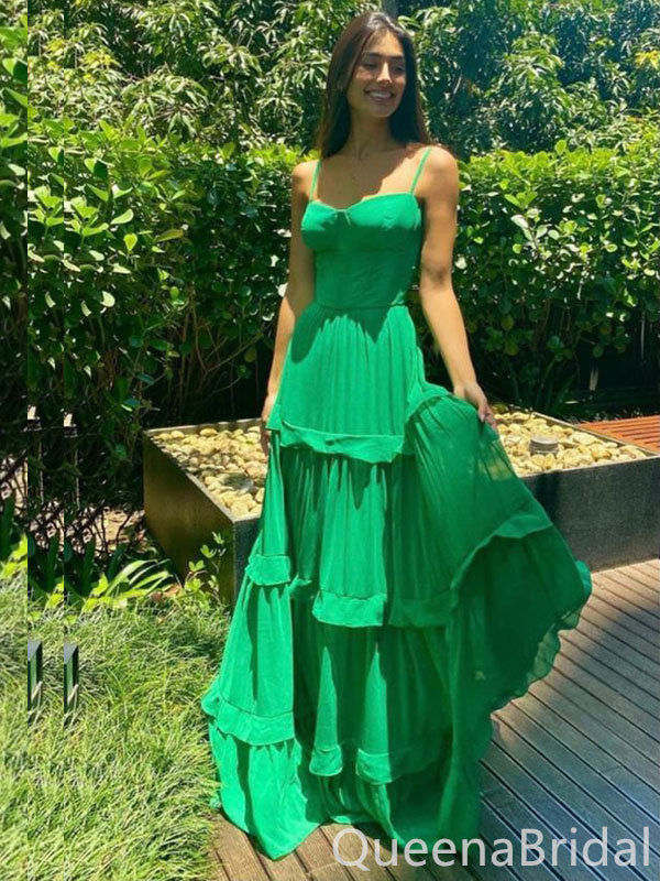 Elegant Spaghetti Straps Green A-line Long Party Dress Prom Dresses ,WGP1838