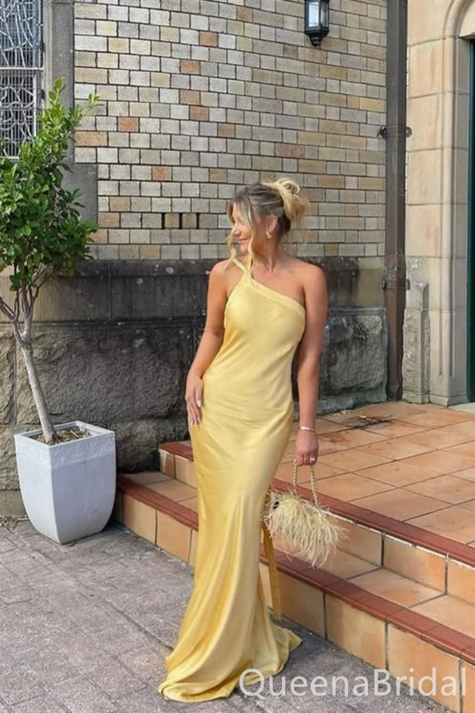 Elegant Yellow One Shoulder Sheath Long Party Dress Prom Dresses ,WGP1841