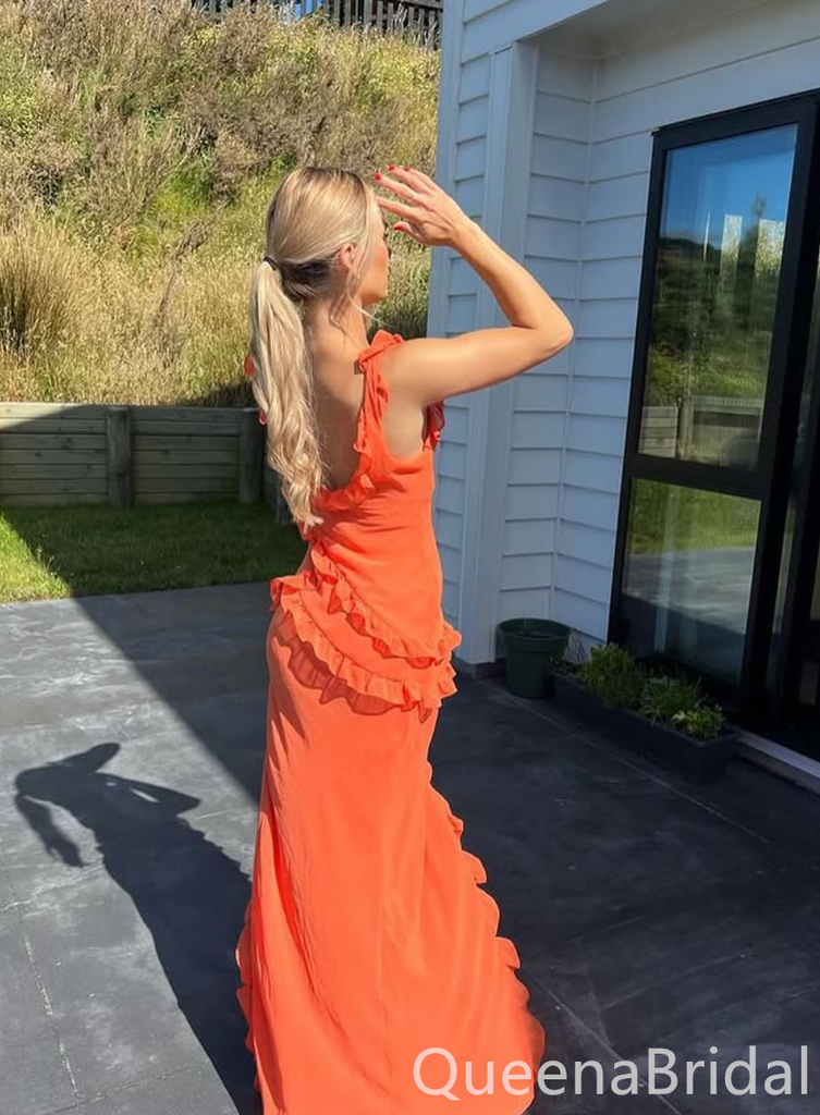 Sexy Orange V Neck Open Back Side Slit Sheath Long Party Dress Prom Dresses ,WGP1842