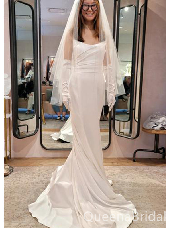 Elegant White Spaghetti Strap A-Line Pleats Detachable Train Long Wedding Dresses,WGP215