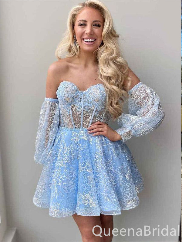 Sexy Lace Appliques Strapless Short Homecoming Dresses with sleeves, QB0587