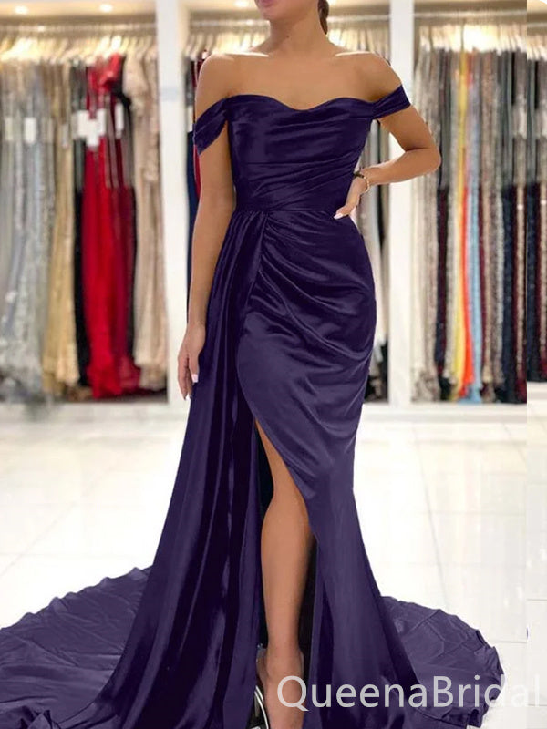 Sexy Simple Dark Purple Off-the-shoulder Sweetheart Sheath Evening Gown Long Formal Dresses Prom Dresses with Side Slit ,WGP782