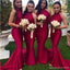 Elegant Red Halter Pleats Backless Soft Satin Mermaid Long Cheap Elegant Bridesmaid Dresses , BDS0152