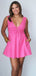 Elegant Pink V Neck A-Line Satin Strapless Cheap Simple Short Homecoming Dresses,QB0422