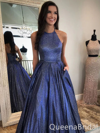 Elegant Halter Blue A-line Long Prom Dresses to Impress ,WGP1324