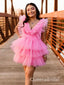 Elegant Pink Ruffles Tulle Lace Appliqueas Illusion A-Line Simple Short Homecoming Dresses, QB0411