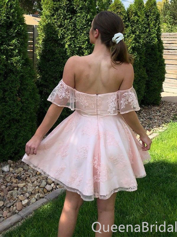 Elegant Light Pink Off-the-shoulder Lace Appliques A-line Graduation Party Homecoming Dresses,QB0679