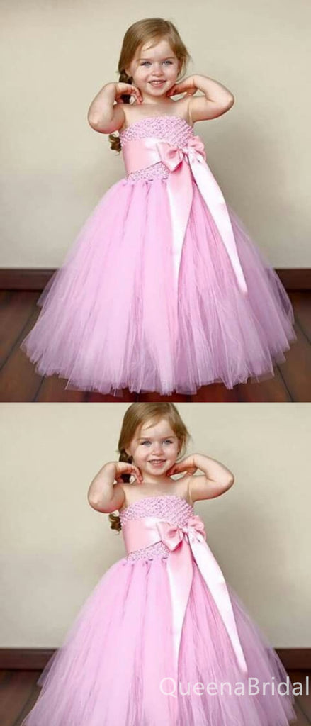 Unique Pink A-line Strapless Long Tulle Ball Gown Flower Girl Dresses with Bow, FGS0060