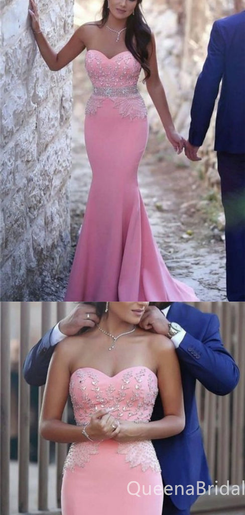 Sexy Pink Lace Appliques Beading Mermaid Sweetheart Strapless Evening Gown Long Prom Dresses with Pleats,WGP699