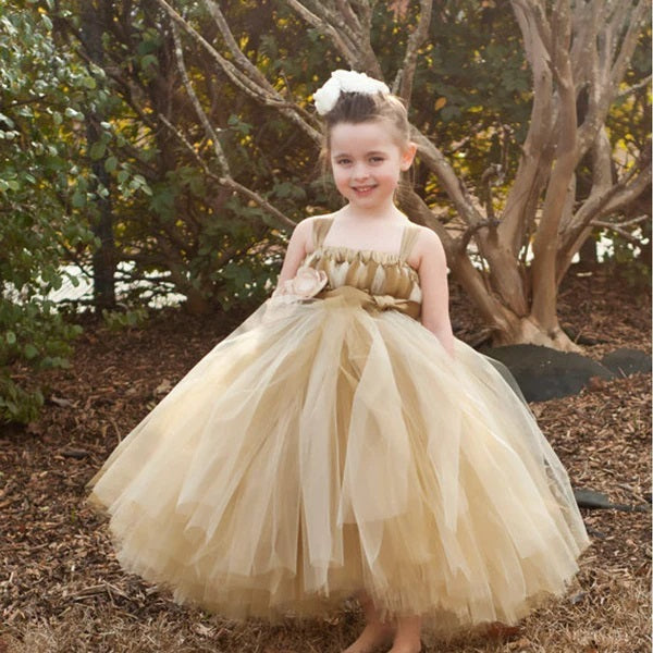 Cute Goden A- Line Tulle Spaghetti Straps Cheap Simple Long Flower Girl Dresses, FGS0038