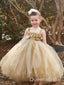 Cute Goden A- Line Tulle Spaghetti Straps Cheap Simple Long Flower Girl Dresses, FGS0038