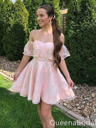 Elegant Light Pink Off-the-shoulder Lace Appliques A-line Graduation Party Homecoming Dresses,QB0679