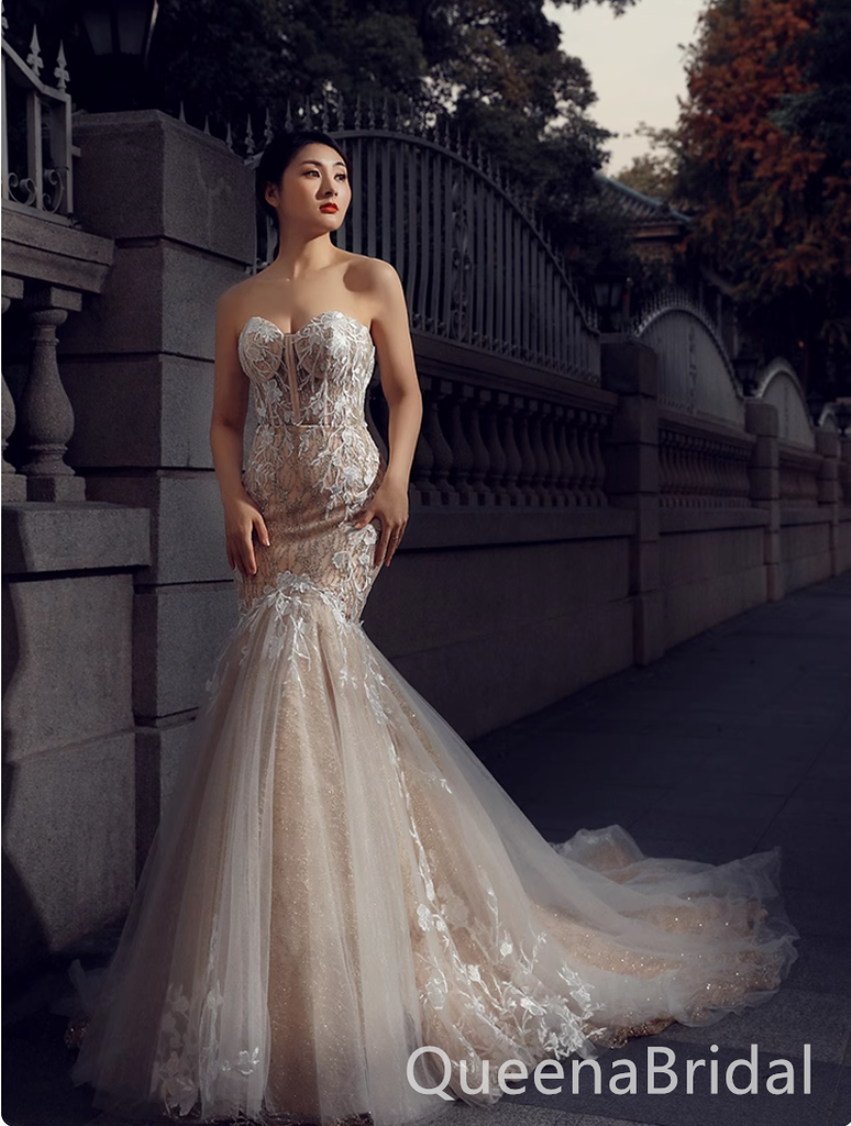 Stunning Strapless Lace Appliques Sweetheart Mermaid Wedding Dresses with Trailing,WGP1326