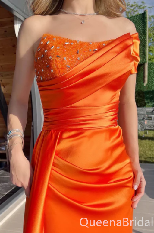 Sexy Orange Beaded Sheath Off-the-shoulder Evening Gown Maxi Long Formal Dresses Prom Dresses,WGP921