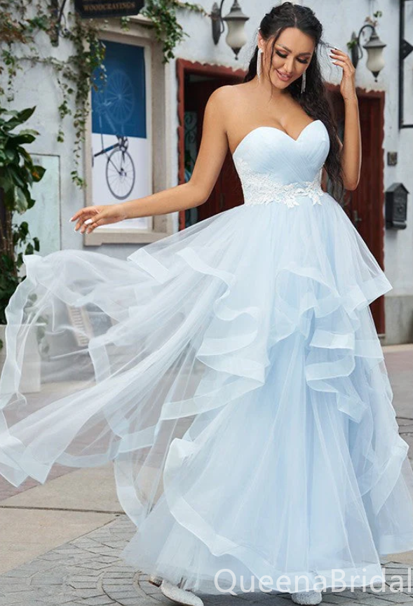 Sexy Light Blue Lace Appliques Tulle Sweetheart Strapless Evening Gown Long Prom Dresses with Ruffles,WGP700