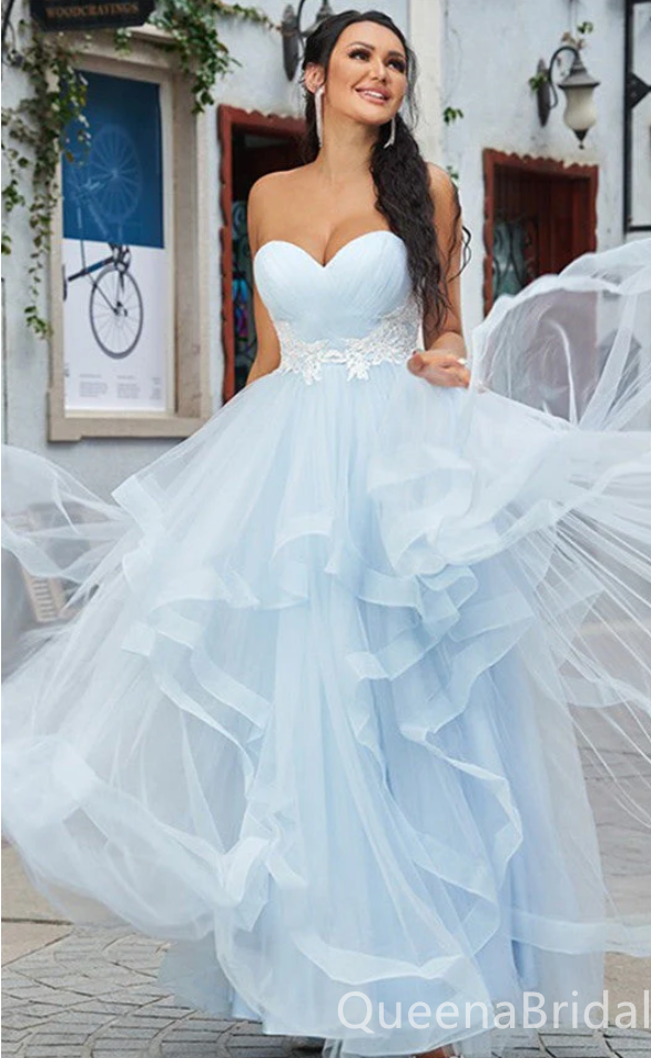 Sexy Light Blue Lace Appliques Tulle Sweetheart Strapless Evening Gown Long Prom Dresses with Ruffles,WGP700