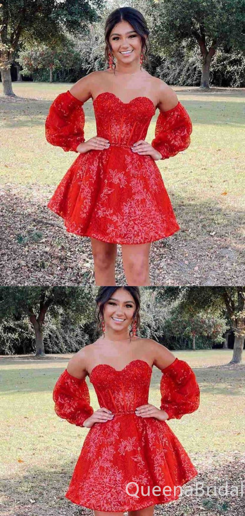 Red Strapless Appliques Sweetheart A-line Graduation Party Short Homecoming Dresses, QB0775