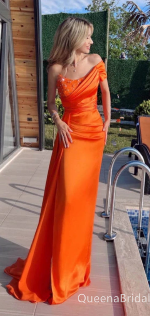 Sexy Orange Beaded Sheath Off-the-shoulder Evening Gown Maxi Long Formal Dresses Prom Dresses,WGP921