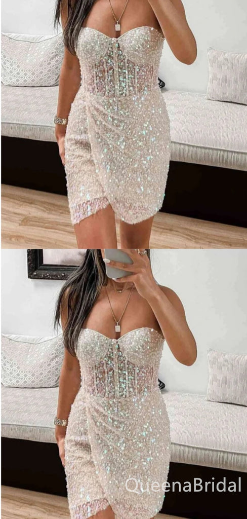 Sexy Sparkle Sweetheart Strapless Mermaid Short Homecoming Dresses Tight,QB0641