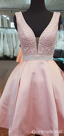 Elgeant Pink V-neck A-line Short Mini Homecoming Dress,QB1053