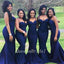 Elegant V Neck Dark Blue Spaghetti Straps Mermaid Long Cheap Charming Bridesmaid Dresses , BDS0151