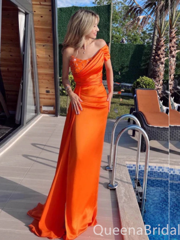 Sexy Orange Beaded Sheath Off-the-shoulder Evening Gown Maxi Long Formal Dresses Prom Dresses,WGP921