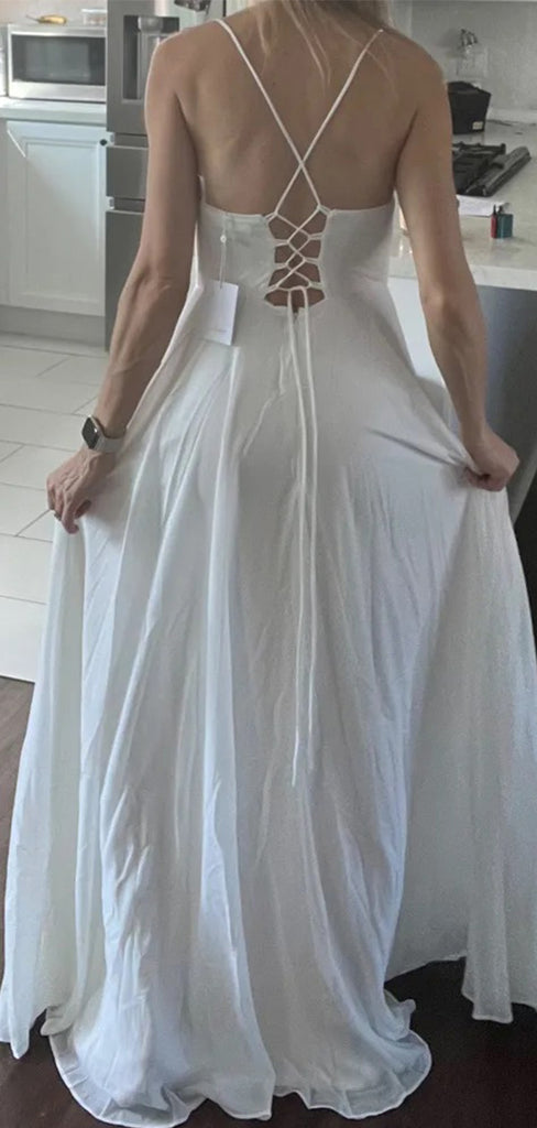 Elegant  White A-Line Lace Up Back Side Slit Long Prom Dresses,WGP430