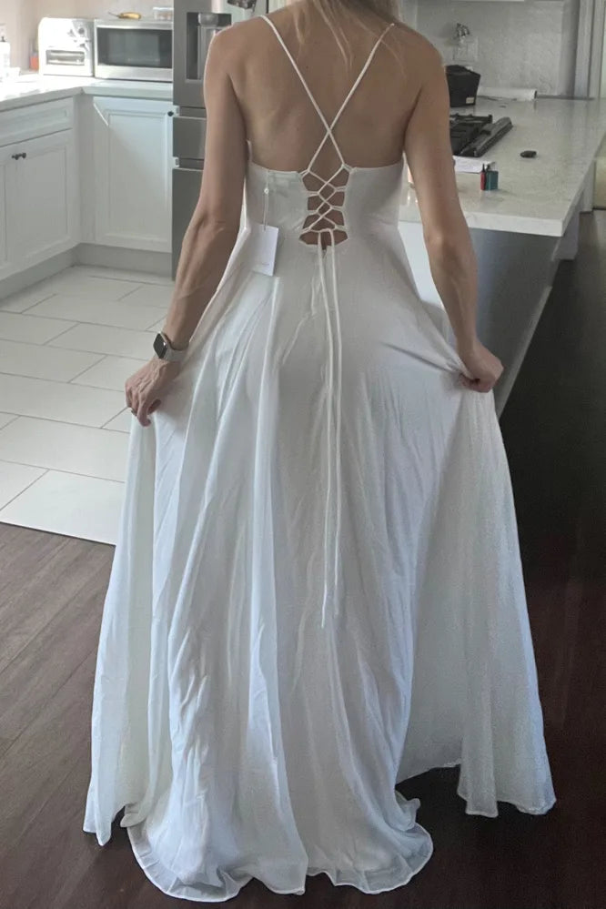 Elegant  White A-Line Lace Up Back Side Slit Long Prom Dresses,WGP430