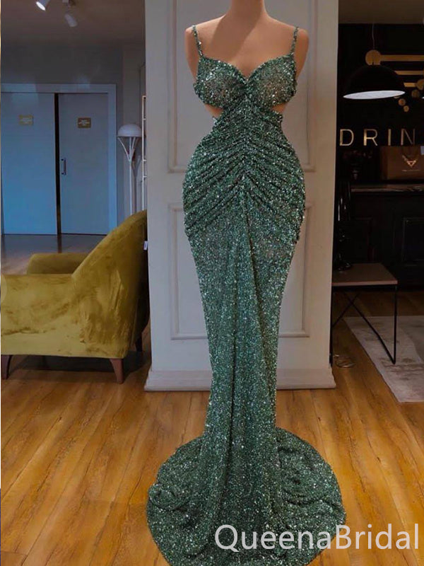 Sexy Sparkle Green Spaghetti Straps Mermaid Evening Gown Long Formal Dresses Prom Dresses,WGP784