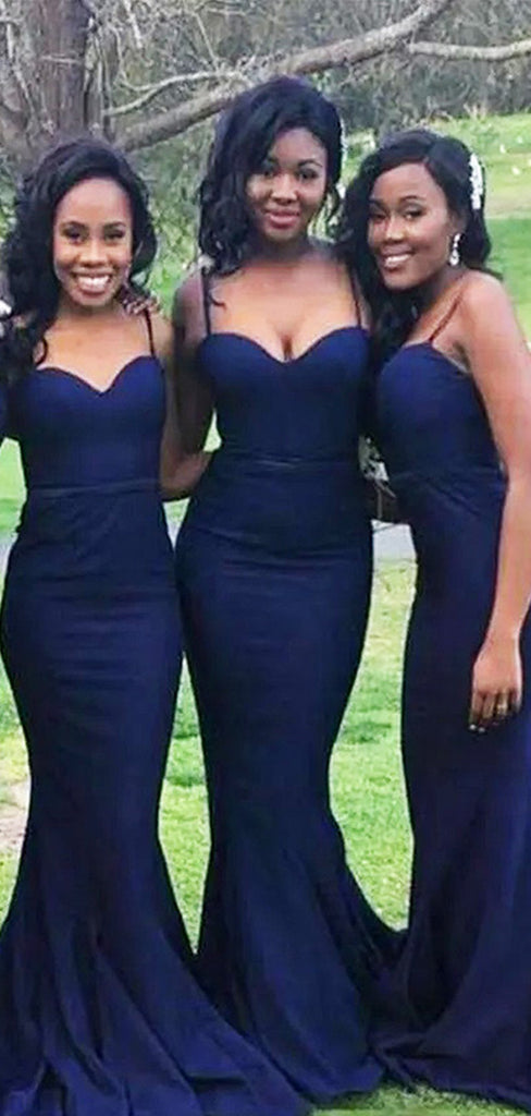 Elegant V Neck Dark Blue Spaghetti Straps Mermaid Long Cheap Charming Bridesmaid Dresses , BDS0151