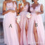 Mismatched Pink Tulle Side Slit Tulle Appliques Long Bridesmaid Dresses , BDS0175