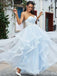 Sexy Light Blue Lace Appliques Tulle Sweetheart Strapless Evening Gown Long Prom Dresses with Ruffles,WGP700