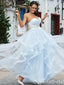 Sexy Light Blue Lace Appliques Tulle Sweetheart Strapless Evening Gown Long Prom Dresses with Ruffles,WGP700