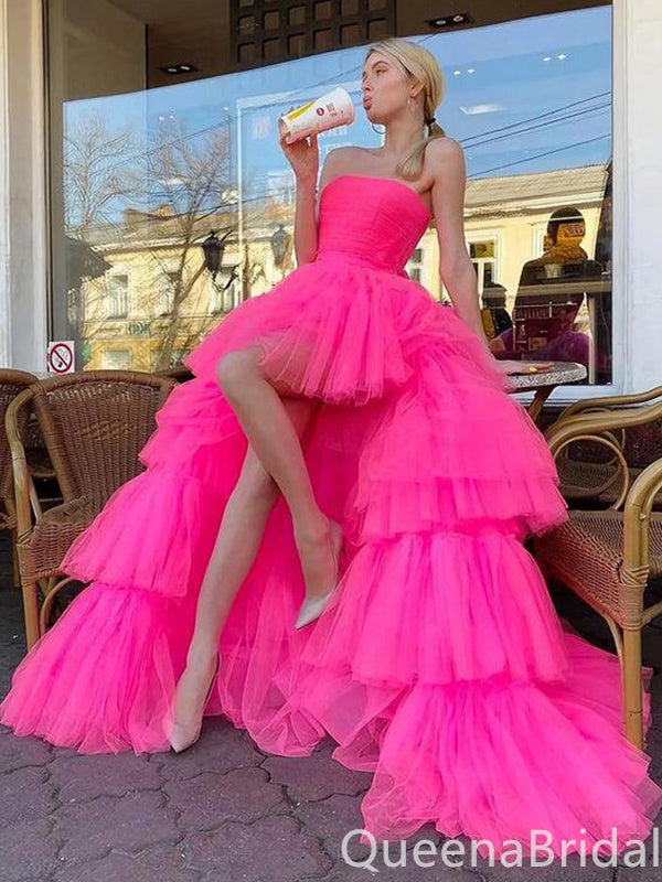 Pink Strapless High Low Layer Fluffy Evening Ball Gown Maxi Long Formal Dresses Prom Dresses ,WGP992