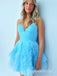 Elegant Blue Tulle Ruffle Pleats Spaghetti Straps V Neck A-Line Cheap Simple Short Homecoming Dresses, QB0412