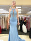 Sexy Light Blue Appliques Mermaid Open Back A-line Evening Gown Long Prom Dresses ,WGP689