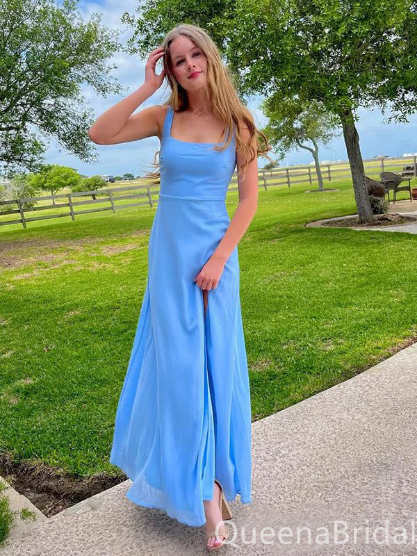 Blue Sheath Square Neck Fluffy Evening Gown Maxi Long Formal Dresses Prom Dresses with Side Slit,WGP983